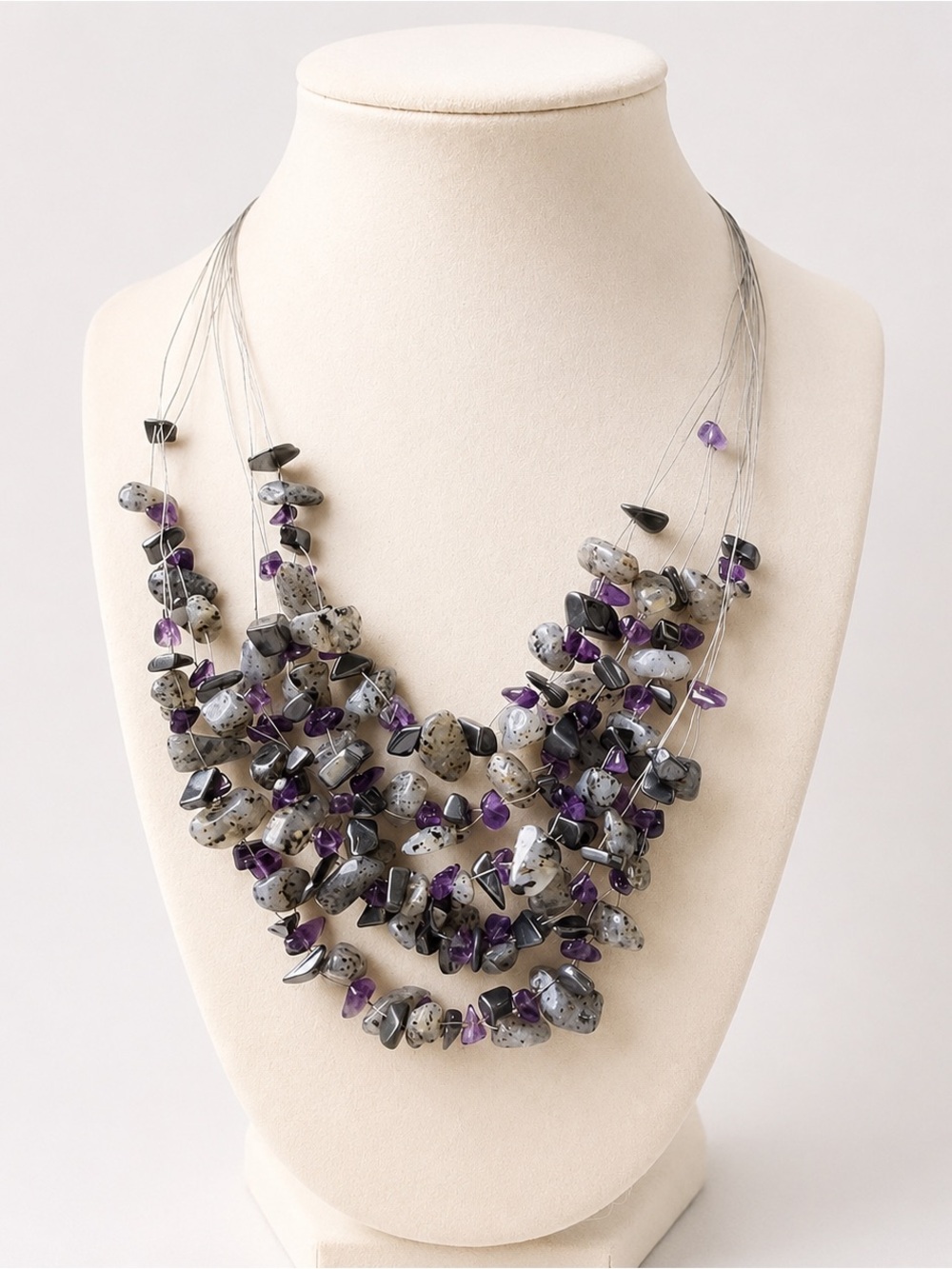 Multi-Strand Purple and Gray Stone Necklace -